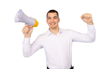 Fototapeta premium Young man holding a megaphone, ready to speak