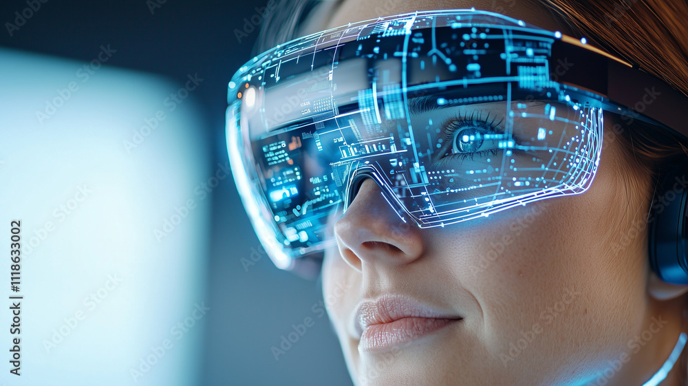 Poster woman in futuristic setting uses augmented reality glasses, showcasing advanced technology and innovation. digital interface is visible on glasses, highlighting tech driven environment