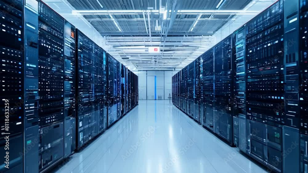Poster inside a spacious data center, rows of advanced servers illuminate with blue lights, showcasing stat