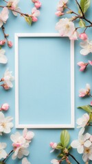 Floral Frame on Blue Background: A delicate frame rests amidst a vibrant display of pink blossoms, creating a charming invitation for your message or image.