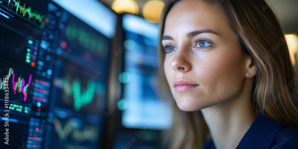Poster focused businesswoman analyzes data on multiple computer screens in vibrant office, highlighting her