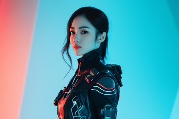 Naklejka premium woman in sleek futuristic suit stands confidently against vibrant background, showcasing blend of red and blue lighting. Her expression is determined and focused