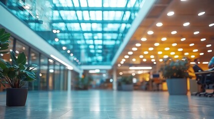 A large lobby with a plant in a pot on the floor