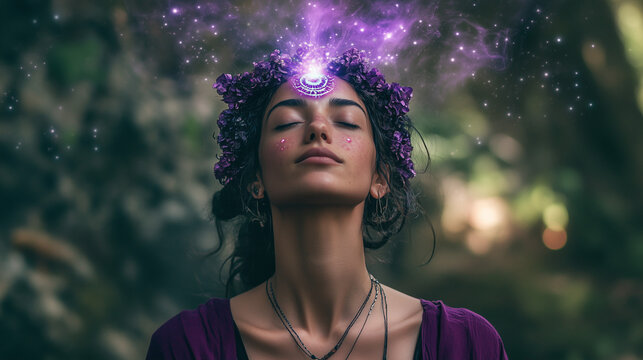 spiritual woman practicing meditation opening her third eye and crown chakra. connection to the universe. connecting to the all. spiritual realms