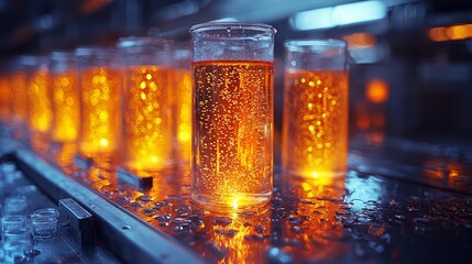A row of glasses filled with liquid sitting on top of a conveyor belt