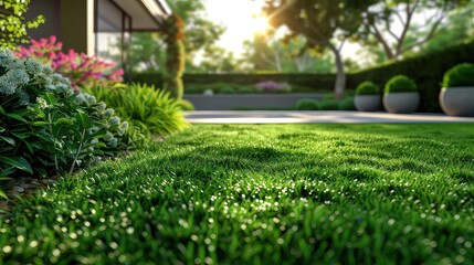 Obraz premium Mowed grass in the garden, blurred bushes and a house in the background,