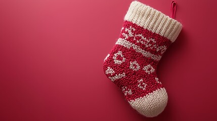 A red and white knitted christmas stocking on a red background