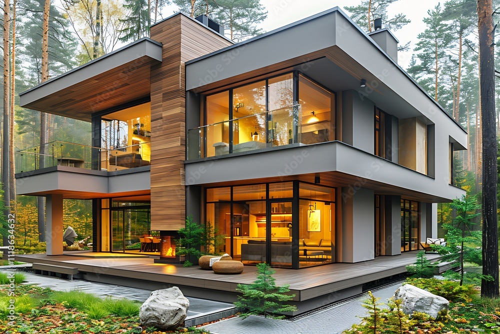 Poster modern new home architecture featuring clean lines large windows designed energy efficiency rendered