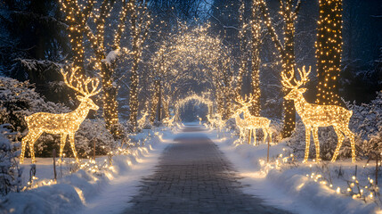 A Christmas garden with glowing reindeer and holiday lights