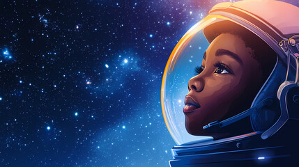 A black boy astronaut wearing helmet in space, looking aside at stars in night sky, portrait with copy space. Stellar. Illustration