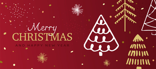 Merry Christmas and Happy New Year banner. Festive red background with abstract Christmas trees, golden elements, and snowflakes. Elegant winter holiday design.