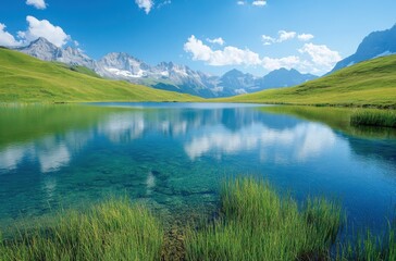 Obraz premium Serene Mountain Lake Surrounded by Lush Greenery and Majestic Peaks Under a Clear Blue Sky with Fluffy White Clouds Reflecting in the Calm Water