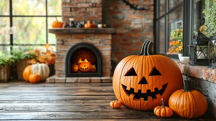 Obraz premium A group of pumpkins sitting on a wooden floor in front of a fireplace