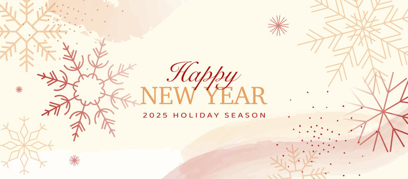 Happy New Year 2025 banner with red and gold snowflake patterns. Minimalistic holiday background design for seasonal greetings and festive decoration.