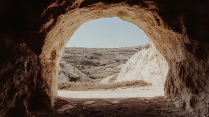 Cave opening to scenic landscape.