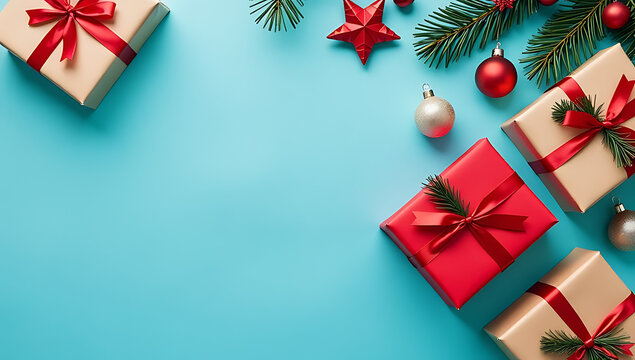 A festive Christmas scene with beautifully wrapped presents and decorations on a blue backdrop captures the essence of holiday cheer._00001_