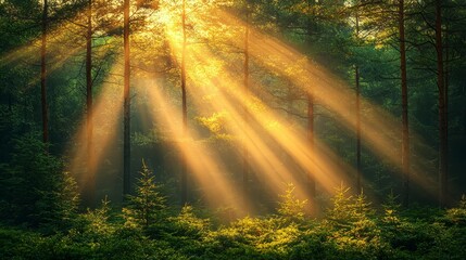 The sun is shining through the trees in the forest