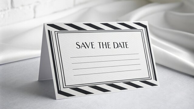 Stylish save the date card featuring a minimalist design with black and white stripes, resting on a luxurious white silk cloth, creating a sophisticated and elegant invitation for an upcoming event