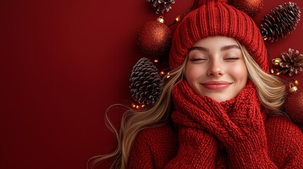 A woman wearing a red hat and scarf with Christmas decorations around her head