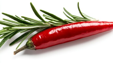 A red chili pepper with a sprig of rosemary on a white background