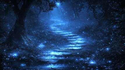 A path in the middle of a dark forest at night