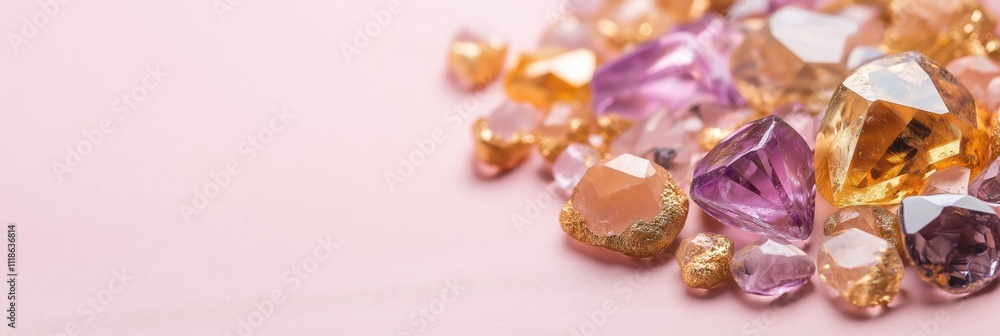 Aufkleber a pile of colorful gems and crystals on a pink background. the gems are of various shapes and sizes,