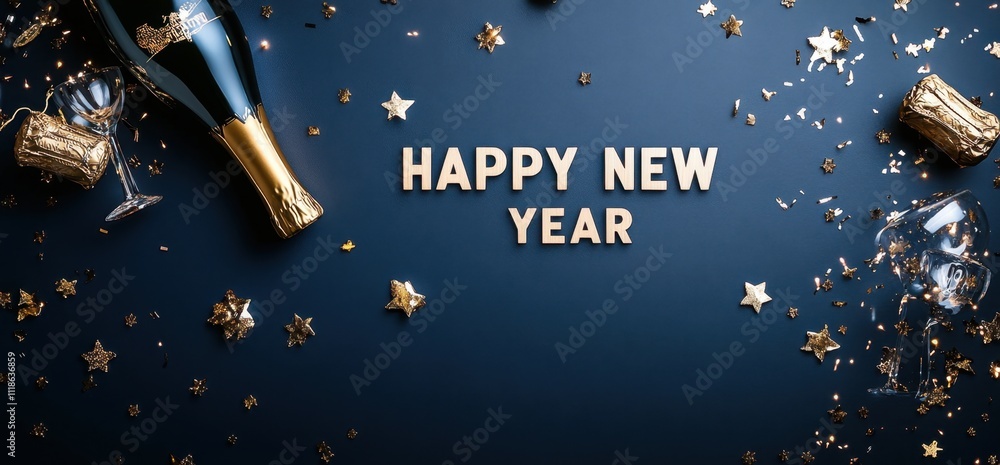 Poster happy new year concept with a golden champagne bottle and confetti in the shape of the text 