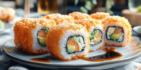 Delicious sushi rolls served on a plate with a soy sauce drizzle at a modern dining table in a warm setting