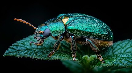 Fototapeta premium A green beetle sitting on top of a green leaf