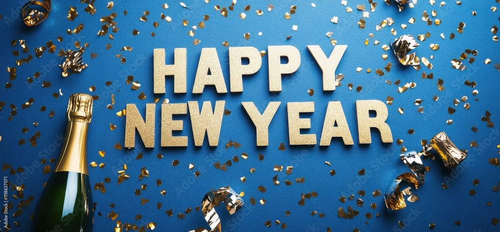 Poster happy new year concept with a golden champagne bottle and confetti in the shape of the text 