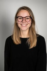 Fototapeta premium A woman wearing glasses and a black sweater is smiling. She is wearing a pair of glasses that are brown and round