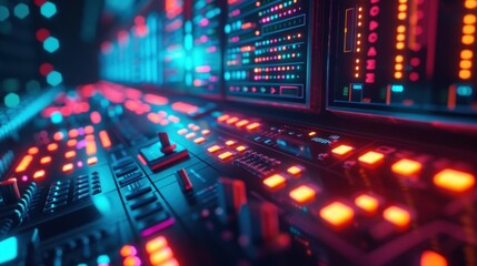 Obraz premium A focused shot on a control panel with flashing lights and rapidly changing numbers portraying the constant flow of data being transmitted in realtime through 5G technology.