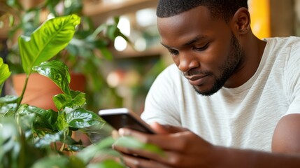 Focused young man using smartphone surrounded by plants.