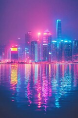 Neon city skyline reflected in water.