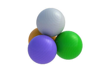 Heap of colorful fitness balls isolated on white background. Pilates training. Sports equipment. Bodybuilding accessory. 3d render