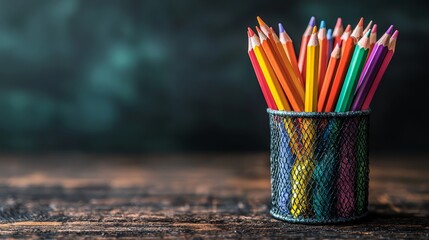 A bunch of colored pencils in a cup on a table