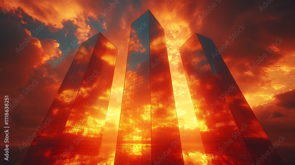 Poster silhouetted skyline of sharp angular buildings set against a dramatic sunset rendered in a bold shad