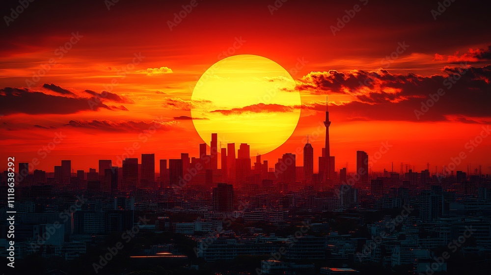 Poster silhouetted skyline architecture against dramatic sunset featuring sharp angular buildings rendered 