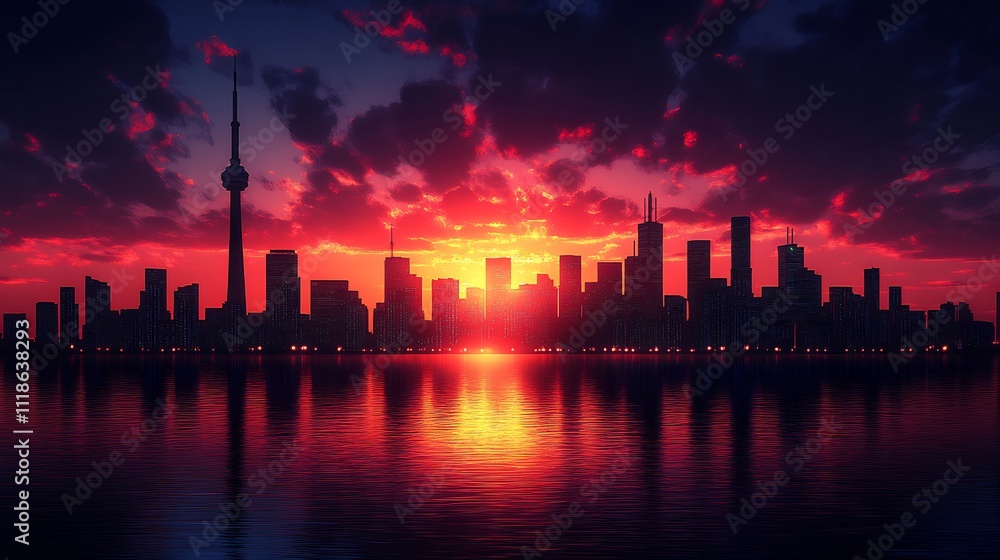 Poster silhouetted skyline architecture against dramatic sunset featuring sharp angular buildings rendered 
