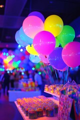 Bright balloons, colorful treats, festive party scene.