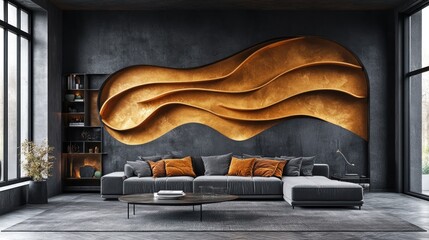 Modern living room with gold accent wall and sectional sofa.