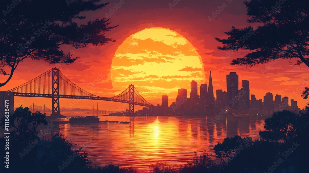 Poster silhouetted skyline architecture against setting sun skyscrapers and bridges creating a sharp horizo