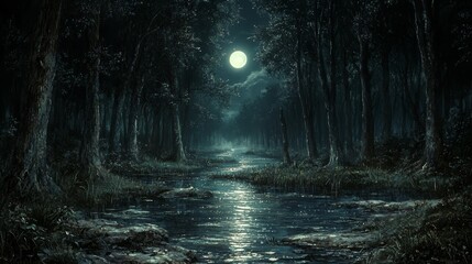 Fototapeta premium A dark forest with a full moon in the sky