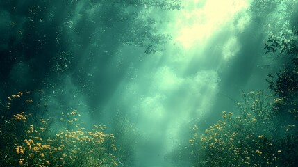 Obraz premium A forest filled with lots of green and yellow flowers