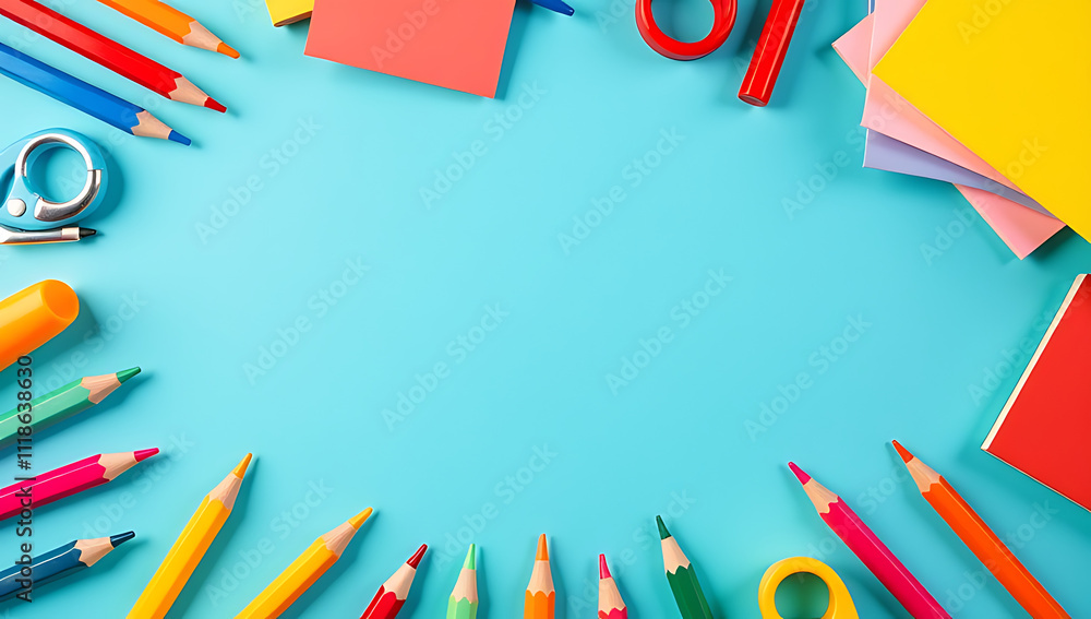 Poster a colorful array of school supplies is displayed on a serene pastel blue background invitingly surro