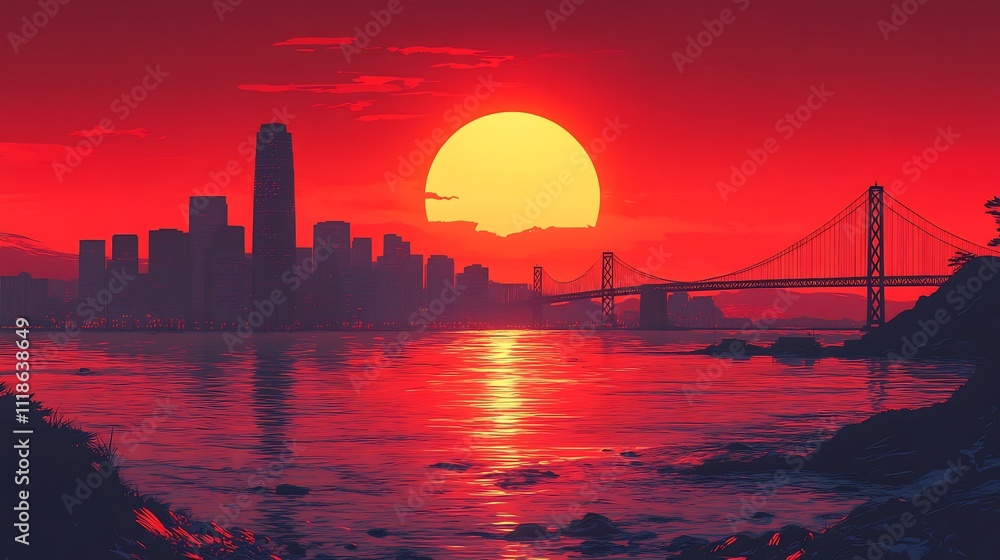 Poster silhouetted skyline architecture against setting sun skyscrapers and bridges creating a sharp horizo