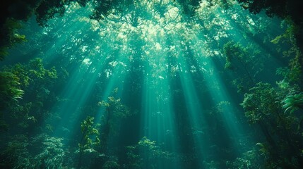 Obraz premium The sunbeams are shining through the trees in the forest