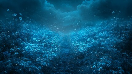 Fototapeta premium A field of blue flowers under a cloudy sky