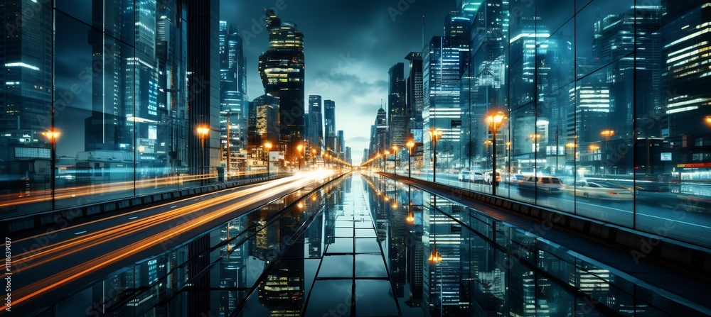 Poster sleek futuristic building architecture sharp geometric lines towering a neonlit city depicted in sci