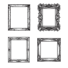Hand drawn sketch style vintage picture frames set. Square baroque Victorian borders. Vector illustrations isolated on white.
